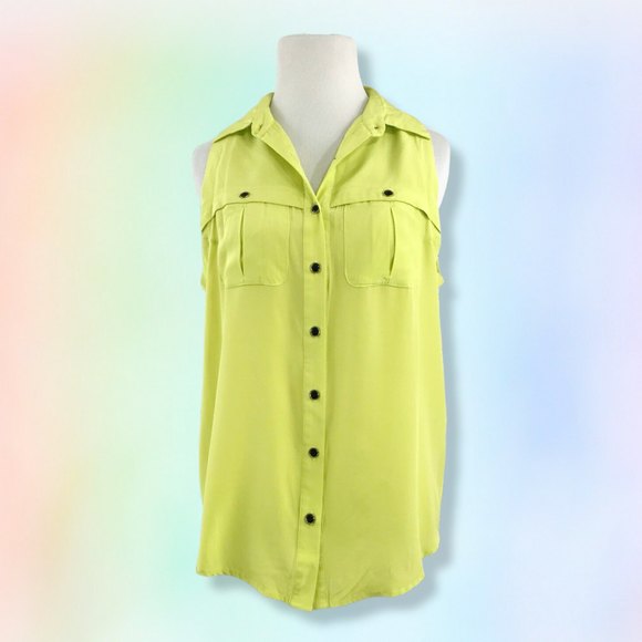 Yumi Kim chartreuse green Silk Two Pleat Pocket Button Front‎ XS Sleeveless - Picture 1 of 4